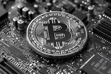 Black and white photograph of the Bitcoin logo on top of an electronic circuit board.