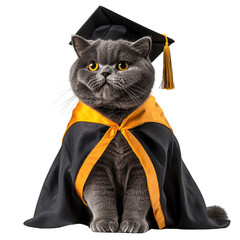 Graduation Cat: A regal grey cat, donning a graduation cap and gown, gazes with an air of scholarly pride, capturing the essence of academic achievement in a charming portrait.