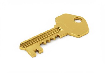 A single gold colored key lying on a white surface with a simple design and smooth finish visible