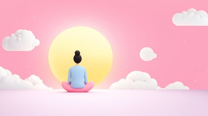 Self development successful concepts. A serene figure meditates against a pastel pink background, featuring fluffy clouds and a large sun, evoking tranquility and mindfulness.