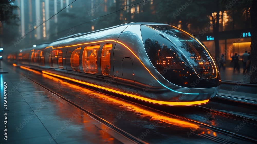 Poster a sleek maglev train glides smoothly through a modern cityscape during twilight. the illuminated ext