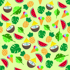 Seamless pattern with watermelon,pineapple,ice cream,coconut,leaves on a colored background. Elements for printing, textures,
fabrics, wraps. Vector illustration.