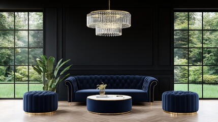 Elegant living room showcases velvet sofas, navy footstools, and a crystal chandelier against bold black walls