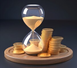 Time and Money Concept with Sand Hourglass and Coin Stacks – 3D Render of Wealth Growth, Income, and Financial Profit
