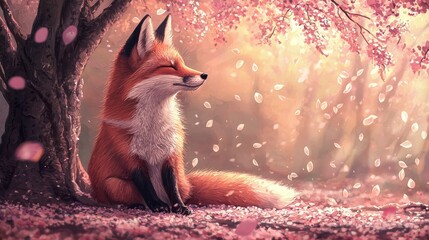 A serene fox sits beneath a tree, surrounded by falling petals in a tranquil setting.