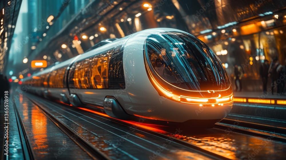 Poster A high speed maglev train is stationed at a bustling urban rail hub, showcasing automated systems and sleek design while passengers await departure in the illuminated surroundings.