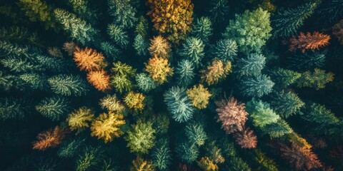 Aerial View of Vibrant Green and Orange Trees in Autumn Forest