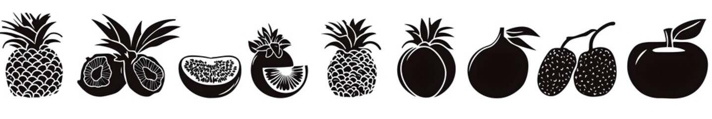 Fototapeta premium A Variety of Fruits in Silhouette: A stylish composition of various fruits, captured in elegant black and white silhouettes, presents a diverse array of textures, forms, and tastes.