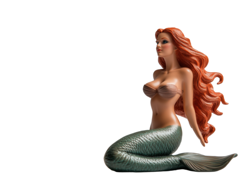 Mermaid Figurine with Flowing Red Hair and Green Tail on Neutral Background