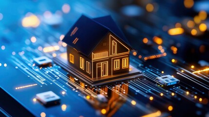Obraz premium Illuminated Miniature House on Circuit Board A Smart Home Technology Concept