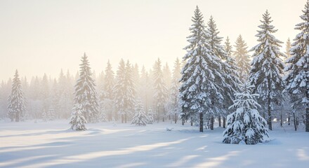 Enchanted Winter Forest Snow-Covered Pines in a Misty Sunrise