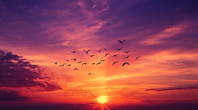 Breathtaking sunset with orange and purple hues in the sky as birds fly in formation - Powered by Adobe