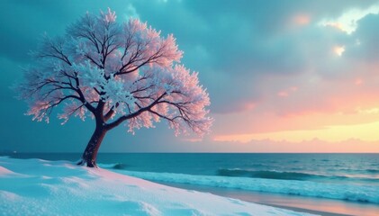 Snowy tree silhouette against turquoise sky with beach at dusk, beach, isolated, snowy landscape