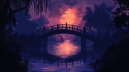 Obraz premium Bridge silhouette at dusk with dramatic lighting over water