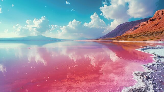 Conservation of Halophiles Salt Loving Microbes of Alien Like Lakes Illustrate vivid pink hypersaline lake teeming Halophile bacteria their pigment creating surreal color scientist investigate their