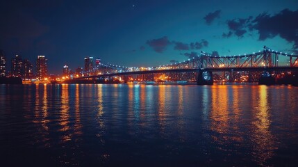 Obraz premium Bridges over water at dusk with city lights in the background