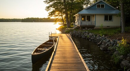 Naklejka premium Serene Lakeside Cottage Sunset Wooden Dock, Canoe, and Tranquil Waters