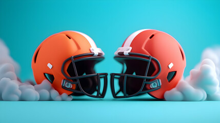 Fototapeta premium Two Orange Football Helmets Facing Off on Teal Background