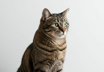 Elegant Gaze of a Tabby: Capturing the serene poise of a striped tabby cat, with mesmerizing eyes, sits gracefully, exuding an aura of calm curiosity and elegance.