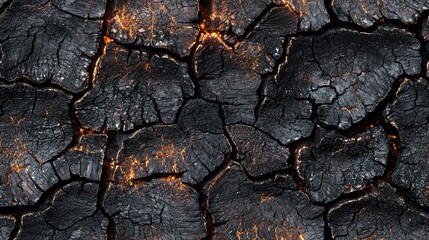 Deep Blackened Cracks in Burnt Wood Texture with Fiery Highlights