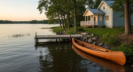 Obraz premium Serene Lakeside Cottage with Wooden Canoe at Sunset