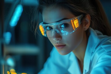 A woman in a lab coat wearing futuristic smart glasses with glowing displays, in a laboratory setting. Advanced solar cell prototype.