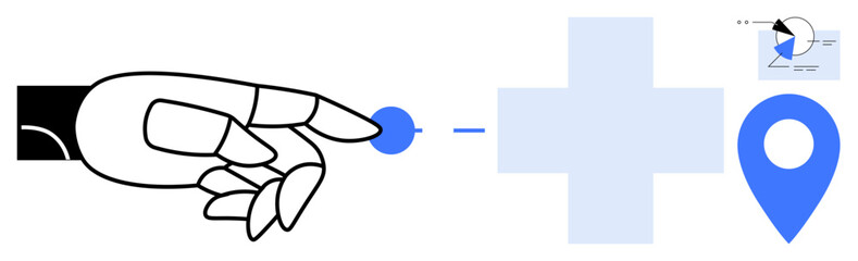 Robotic hand touches digital point near healthcare cross and map pin icon. Data analysis and innovation concept. Ideal for AI, health tech, navigation, automation, digital healthcare, precision, flat
