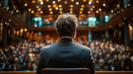 Fototapeta premium Formal indoor event or conference with large crowd of people sitting in an auditorium or theater listening attentively to a man speaking on stage with a microphone