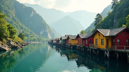 Fototapeta premium Serene Lakeside Village Nestled Among Majestic Mountains, Featuring Vibrant Colorful Houses on Stilts Reflecting in Calm Waters