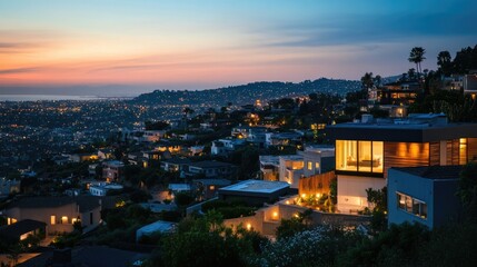 Obraz premium City skyline at dusk from a hilltop with illuminated houses