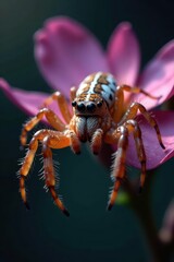 Fototapeta premium Delicate flower spider poised, web glistening , leg, legs, predator