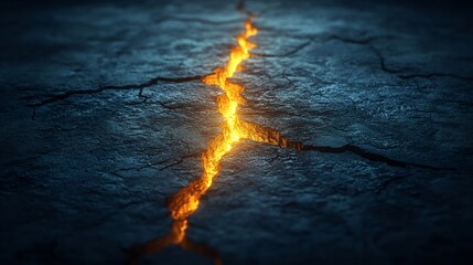 Fiery crack splits dark earth dramatically glowing intensely. AI Generated