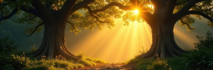 Golden rays illuminate ancient trees, fairytale mood, fern, dreamy