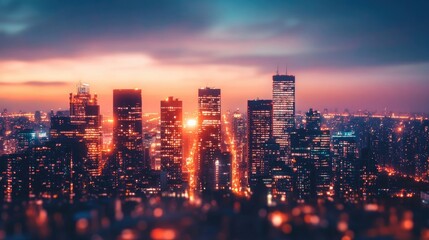 Obraz premium City skyline at dusk with glowing lights and tall buildings