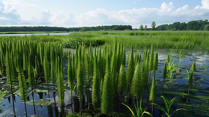 Conservation of Horsetail Ferns Equisetum Surviving Relic of Ancient Swamps Depict dense patch of Horsetail Ferns growing near wetland their segmented stalk resembling flora of prehistoric Earth while