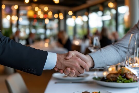 A professional handshake between two business partners signifies a successful collaboration amidst a stylish dining setting, highlighting trust and partnership in negotiations.