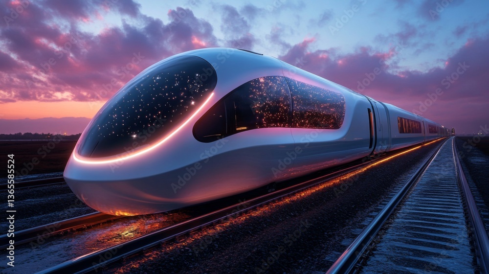 Leinwandbilder a state of the art maglev train stands ready on railway tracks, illuminated by the colors of the sun