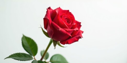 Single red rose blossom, pristine white backdrop, petals, photography