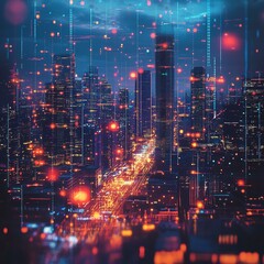 Vibrant cityscape with digital overlay effects.