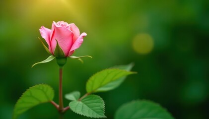 Fototapeta premium Tightly closed pink rosebud, lush green foliage backdrop, morning light, bloom, vibrant, soft