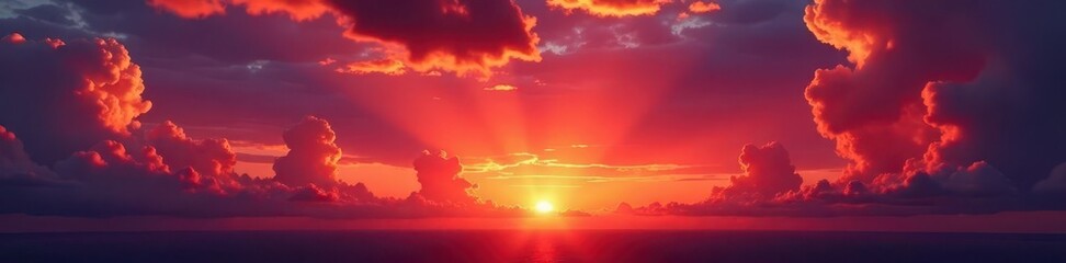 Fototapeta premium Crimson clouds ignite the western sky, breathtaking sunset spectacle, texture, background