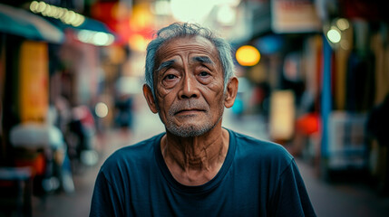 Fototapeta premium Portrait of an older asian man with gray hair and a beard standing on a busy street looking forward