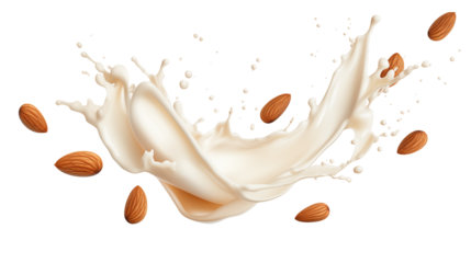 Almond milk splashing with almonds on a black background
