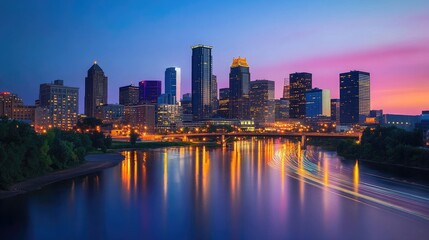 Naklejka premium City skyline with light trails and glowing buildings at dusk