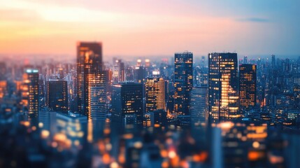 Fototapeta premium City skyline with modern skyscrapers and glowing lights at dusk