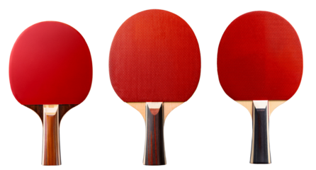 Three red table tennis paddles aligned for a competitive game in sports.