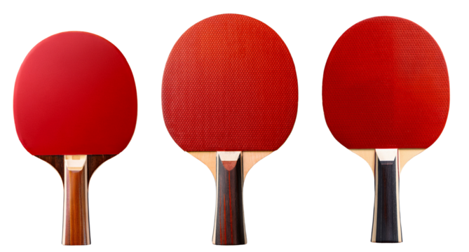 Three red table tennis paddles aligned for a competitive game in sports.