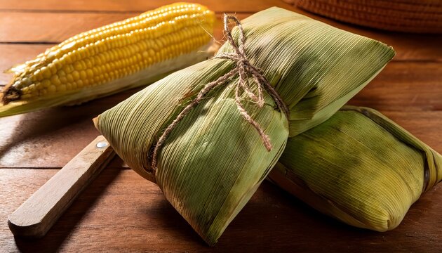 Pamonha on top of a table tied with corn husks