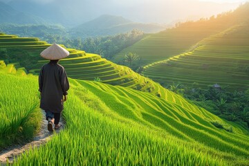 Walking through lush rice terraces at sunset in a serene rural landscape
