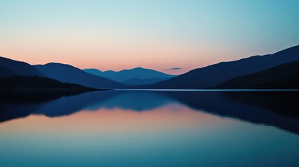 Fototapeta premium Silhouettes of hills surrounding a serene lake at summer dusk